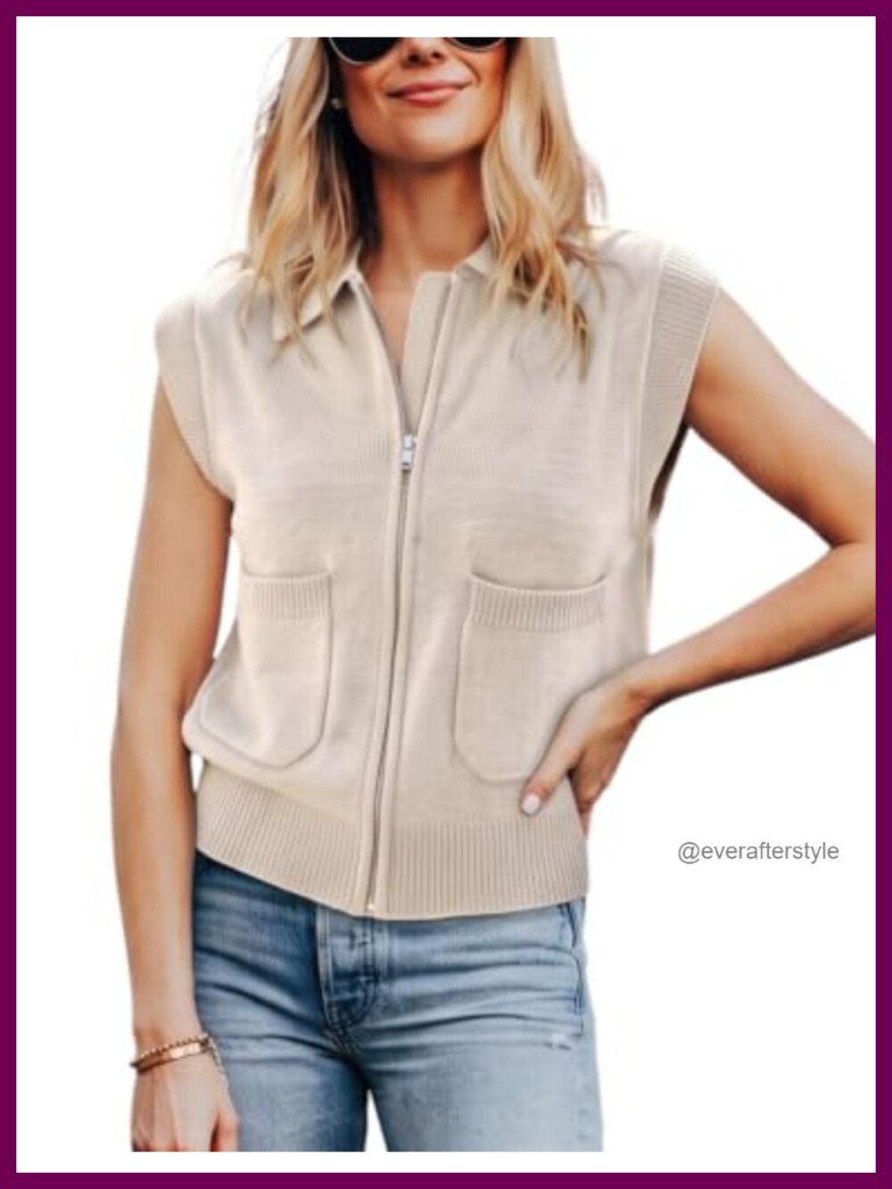 Zip Up Sleeveless Knit Sweater Vest Collared Cardigan Top
